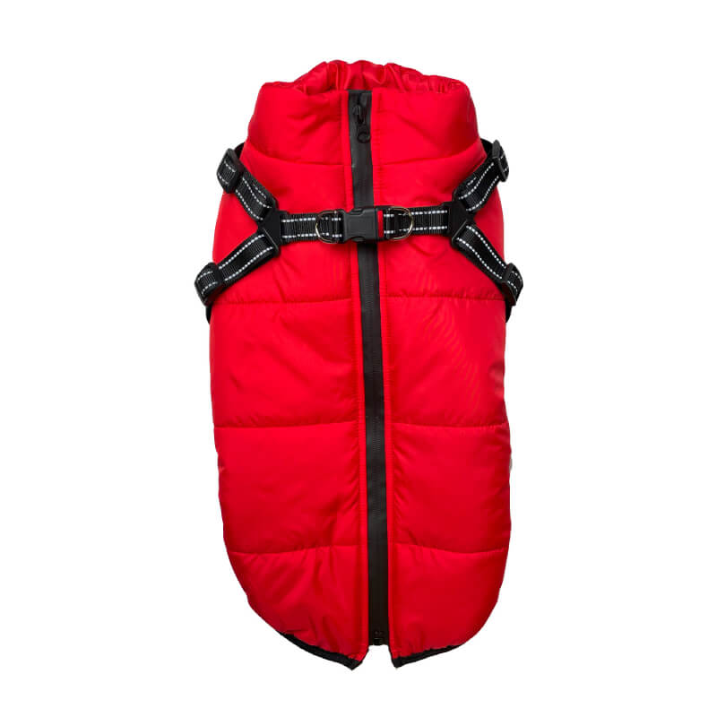 Happy Pet Red Harness Dog Jacket with front zipper and harness, laid flat.