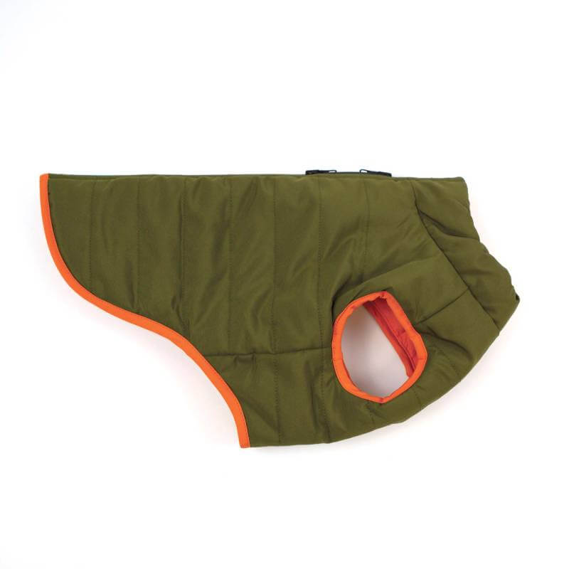 Happy Pet Reversible Puffer Dog Coat in orange/khaki, shown flat on a white background.