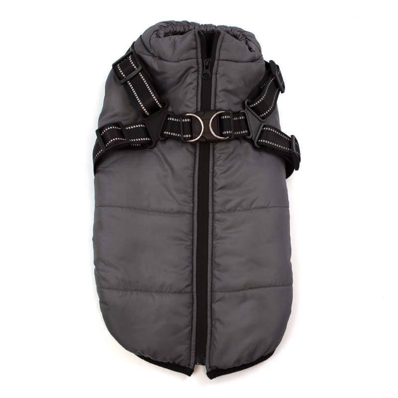 Happy Pet Dark Grey Harness Dog Jacket with black straps and reflective stitching.