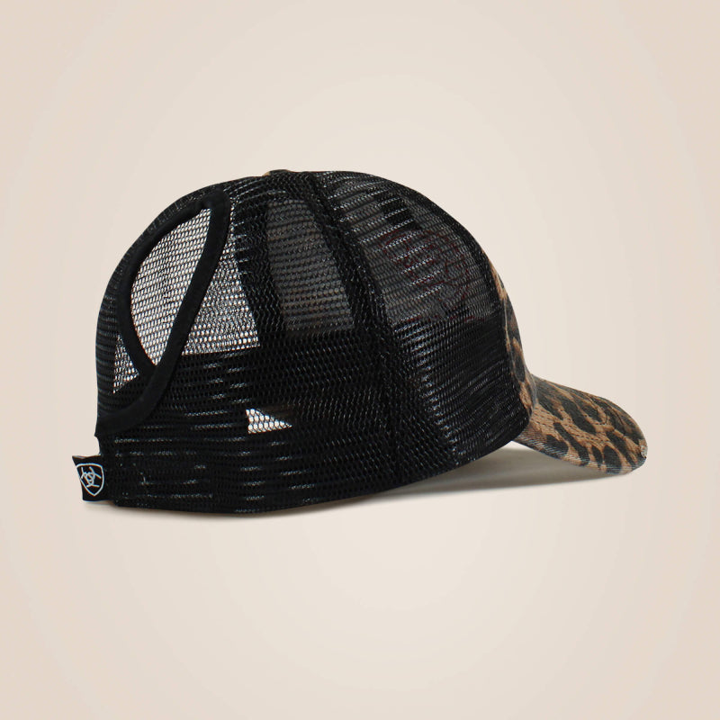 Ariat Adults Embossed Logo Cheetah Print Cap Black shown on pale background with mesh back.