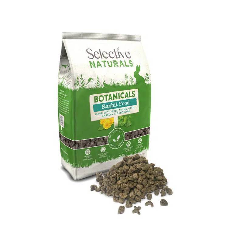 A bag of Supreme Petfoods Science Selective Naturals Rabbit Botanicals 1.5kg spilled in front.