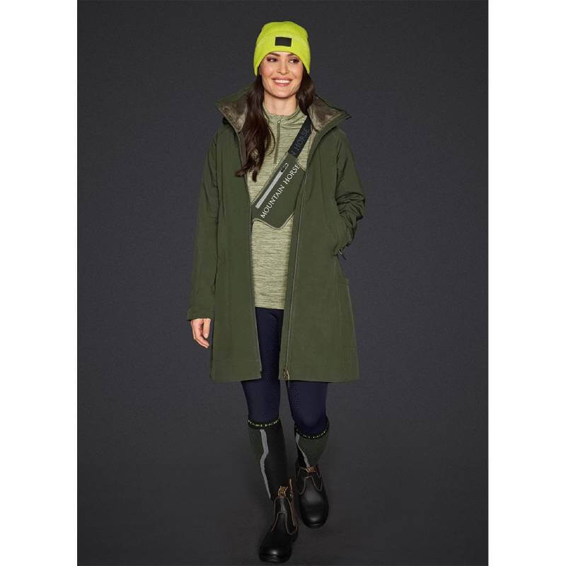 Mountain Horse Stella Softshell Parka Green: long, hooded, weather-resistant coat with side pockets.