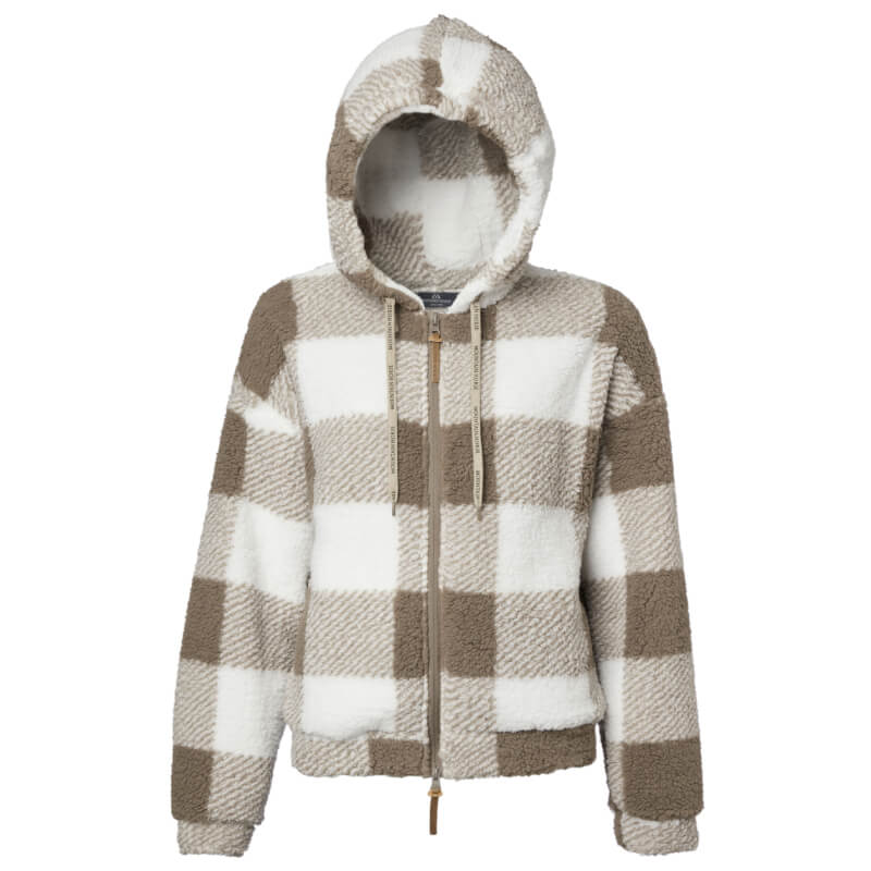 Mountain Horse Chess Fuzzy Fleece White zip-up jacket with cozy hood and brown accents.