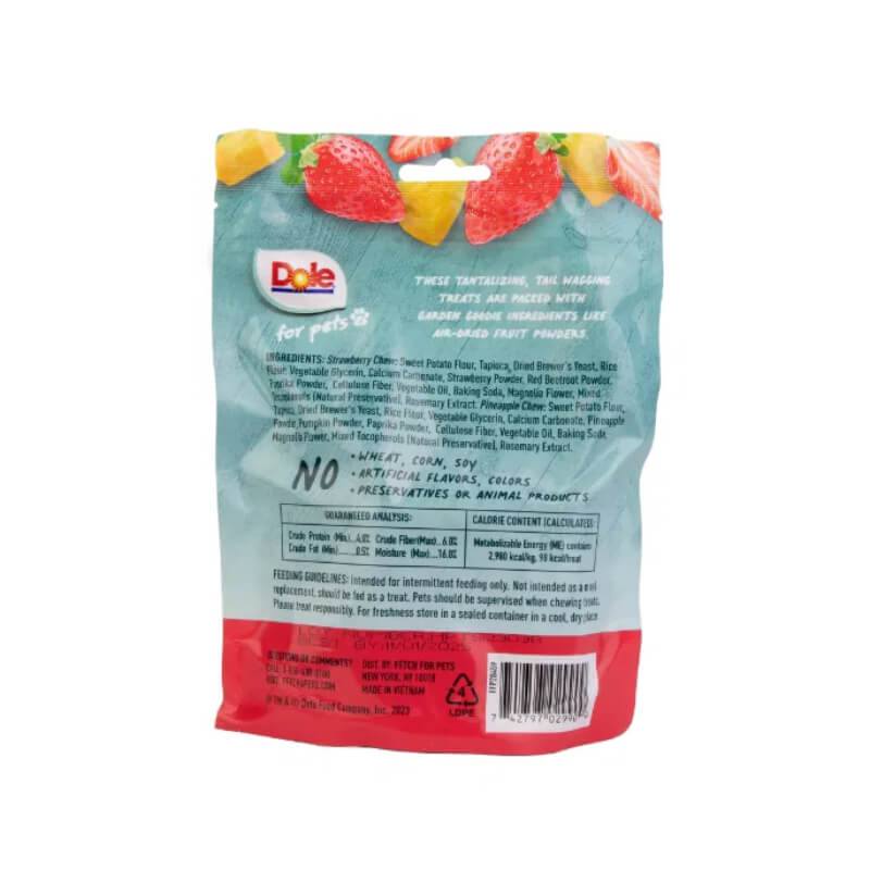 Back of Dole Dog Chews Assorted Strawberry & Pineapple 200g with ingredients list shown.
