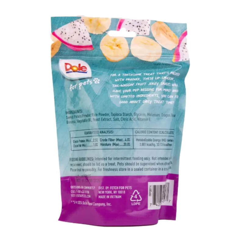 Back of Dole Plant Based Dog Jerky Banana & Dragonfruit 170g bag with ingredients and feeding info.