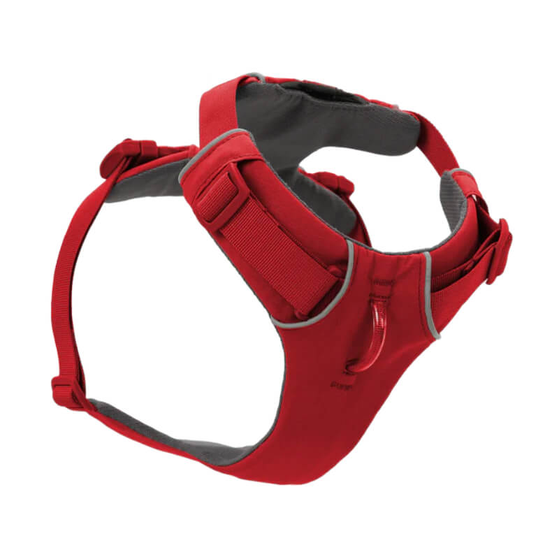 Ruffwear Front Range Harness Red Canyon with black padding and adjustable straps, top view.