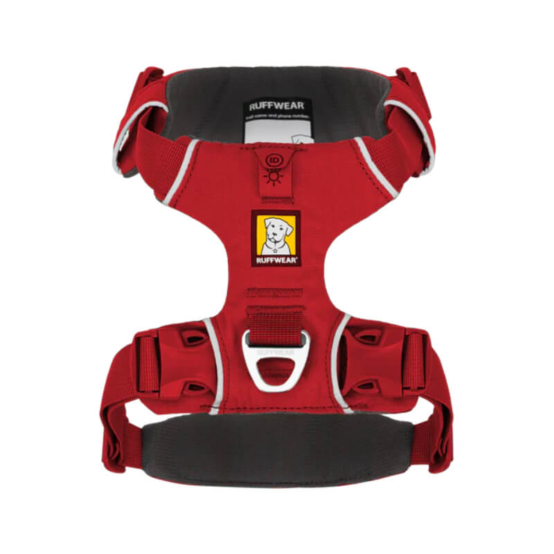 Ruffwear Front Range Harness Red Canyon with black padding and adjustable straps, top view.