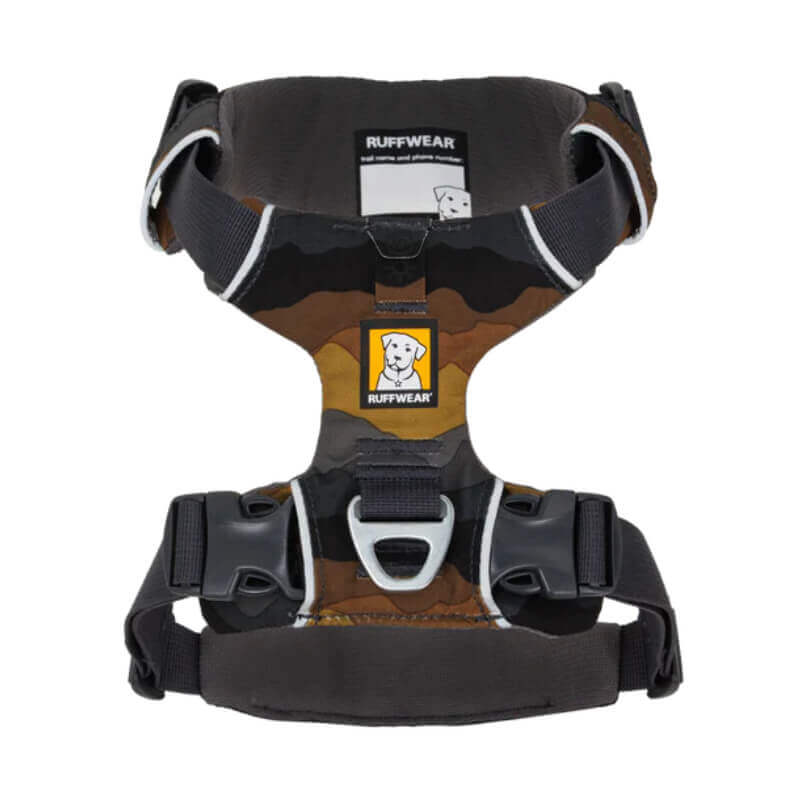 Brown and black Ruffwear Front Range Harness Moonlight Mountains with reflective trim.