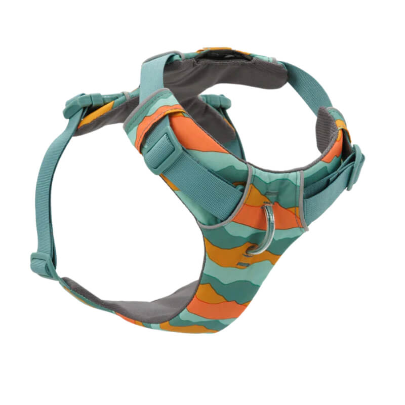Ruffwear Front Range Harness Spring Mountains: teal straps, orange-yellow pattern, small padded fit.