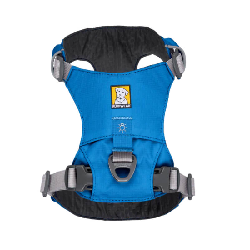 Ruffwear Hi & Light Harness Blue Dusk—lightweight, adjustable, with a sturdy top metal ring.