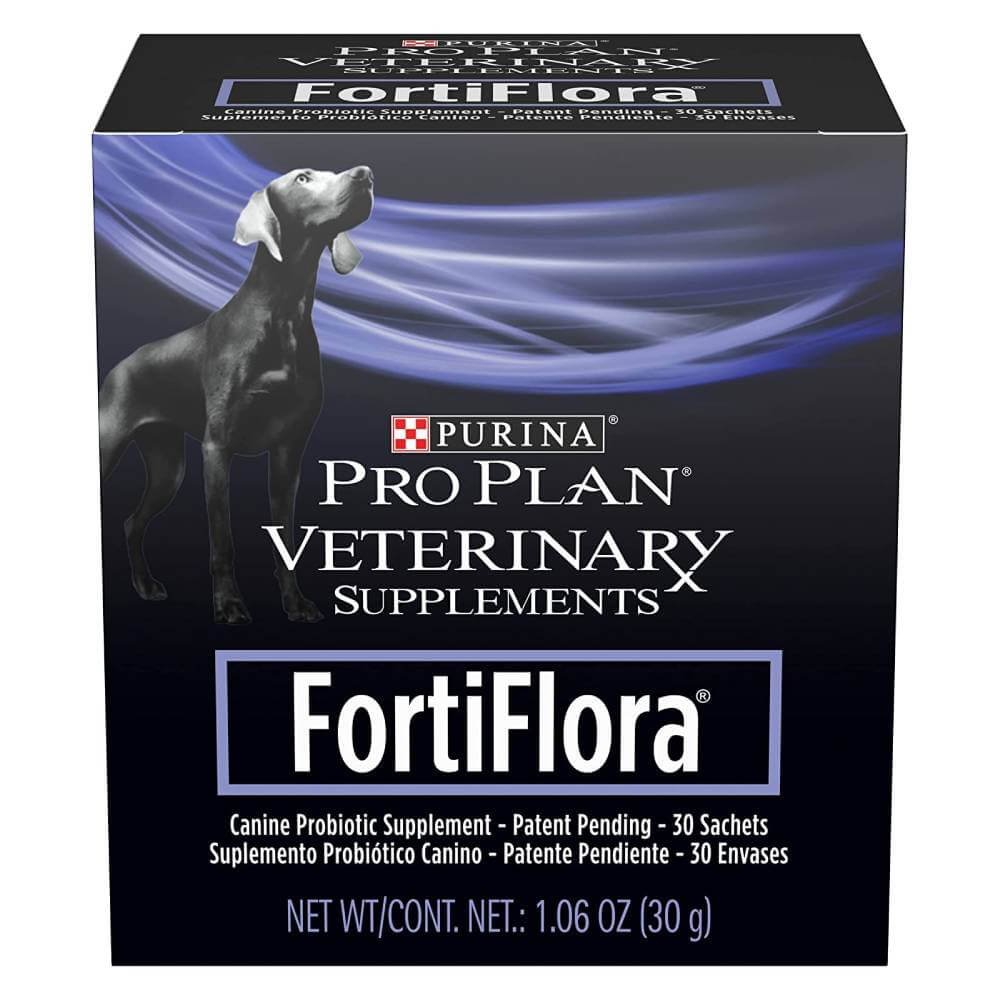 Purina Pro Plan FortiFlora Canine Probiotic supports dog gut health; box features dog graphic.