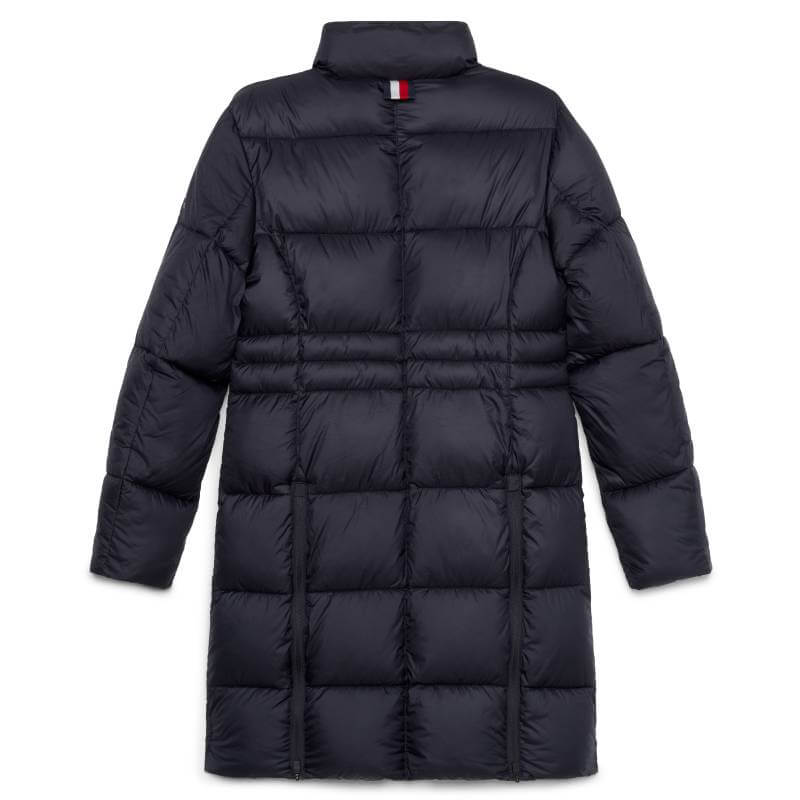 Tommy Hilfiger Long Coach Jacket Desert Sky with recycled padding and long sleeves, back view.