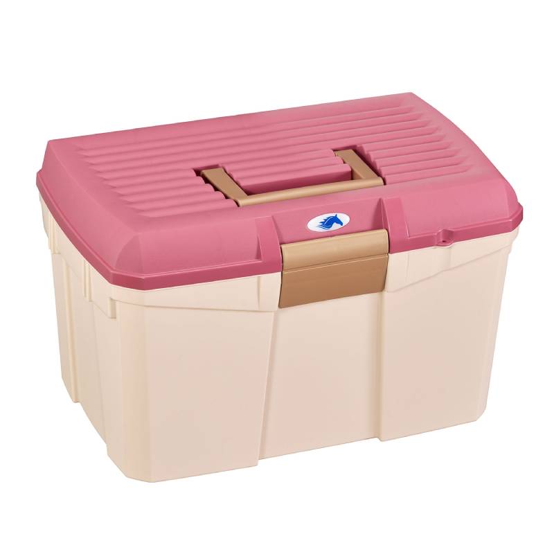 Protack Grooming Box, pink lid, beige base, brown handle, closed.