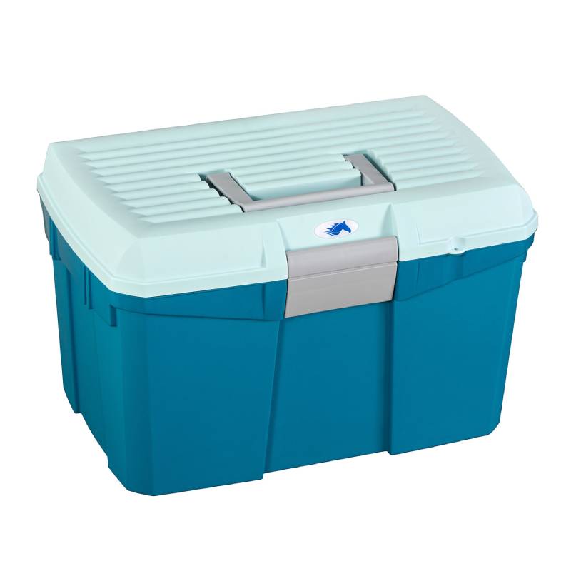 Protack Grooming Box: blue/white, handle, fish logo, removable tray. Brand: Protack.