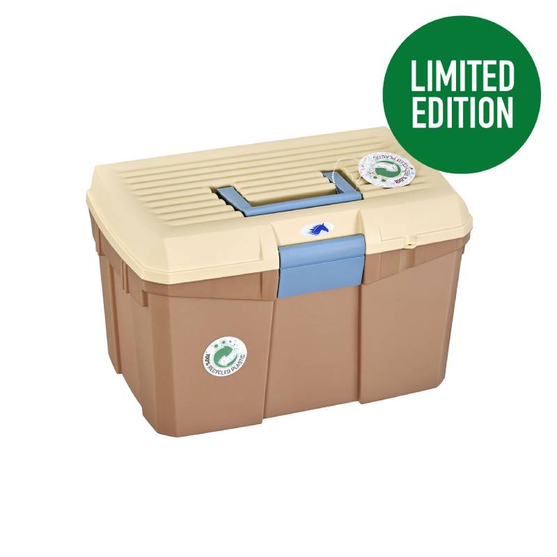 Protack Grooming Box: beige/brown polypropylene with blue latch, Limited Edition in green.