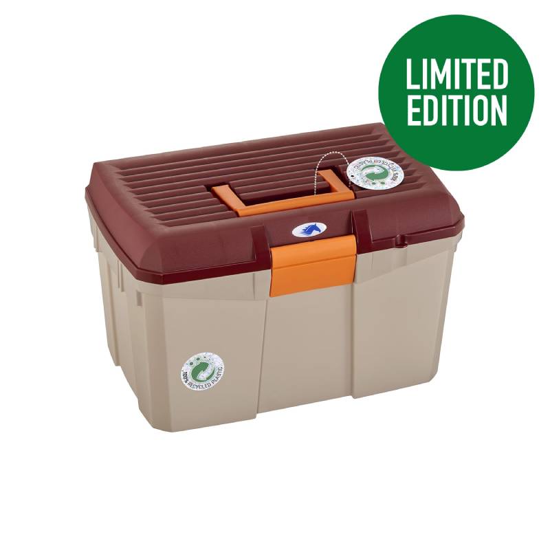 Protack Grooming Box: beige polypropylene, brown lid, orange latch, green circle label.
