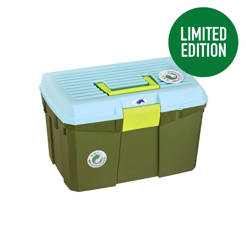 Protack Grooming Box, green/blue polypropylene, Limited Edition label in top right corner.