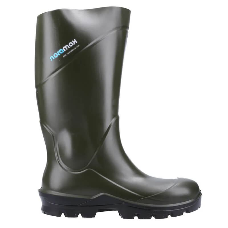 Nora Noramax Non Safety Wellington Green boots with rugged, slip-resistant black soles.
