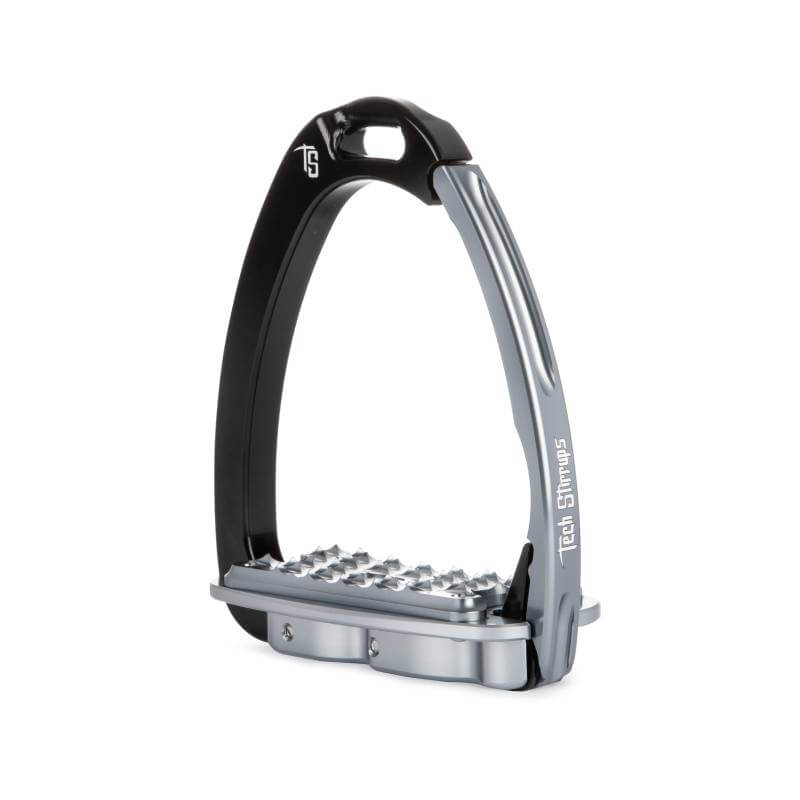 Black/silver Tech Venice Sloped Evo Stirrups with spiked metal tread by Tech Stirrups.