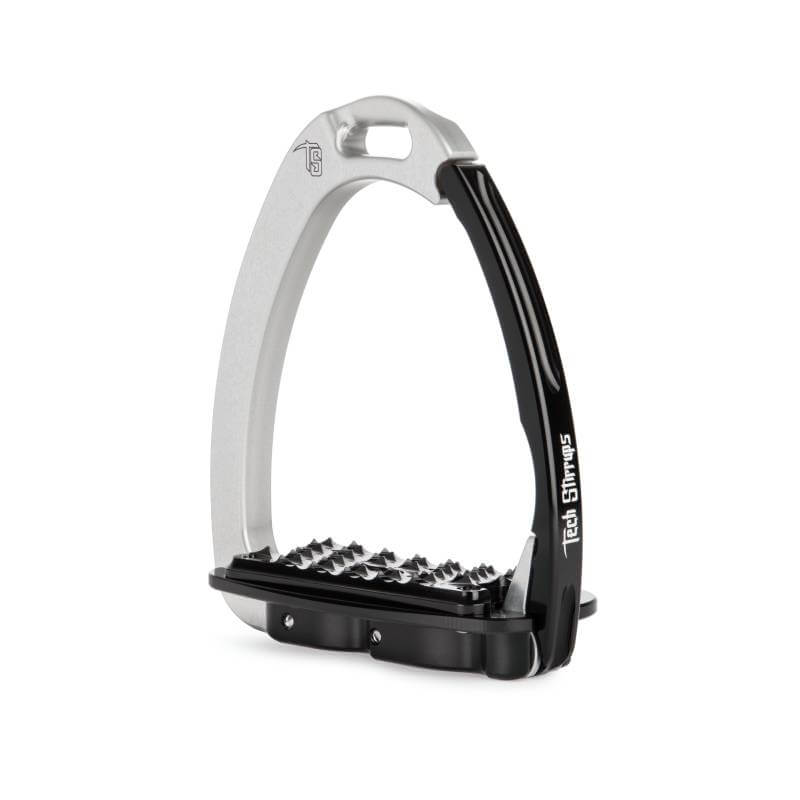 Tech Stirrups Venice Evo: silver/black sloped aluminium stirrups with spiked tread on white.