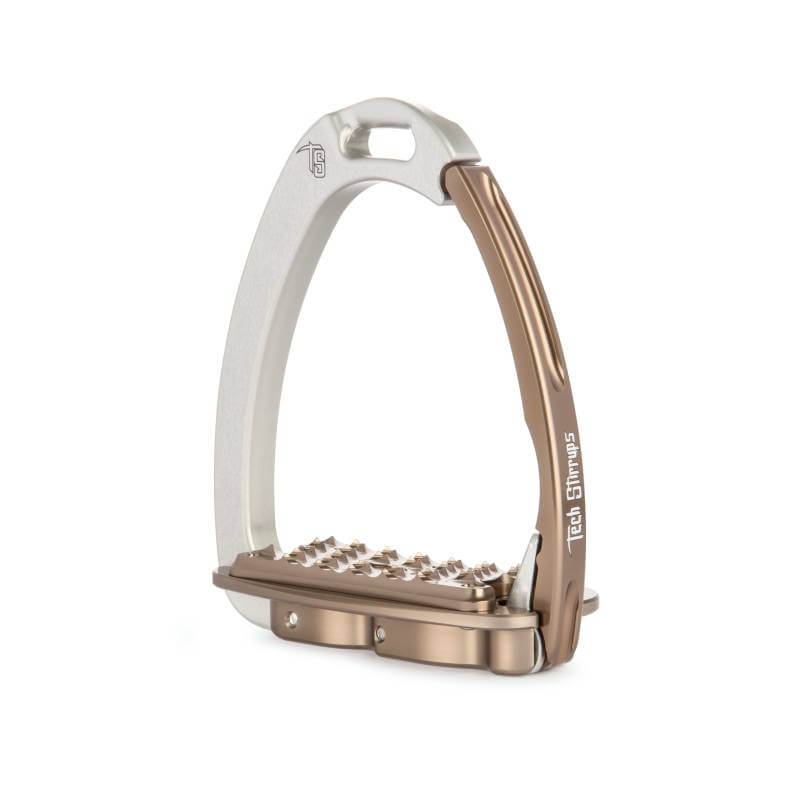 Metallic Tech Venice Sloped Evo Stirrups with a ridged footrest and Tech Stirrups label.