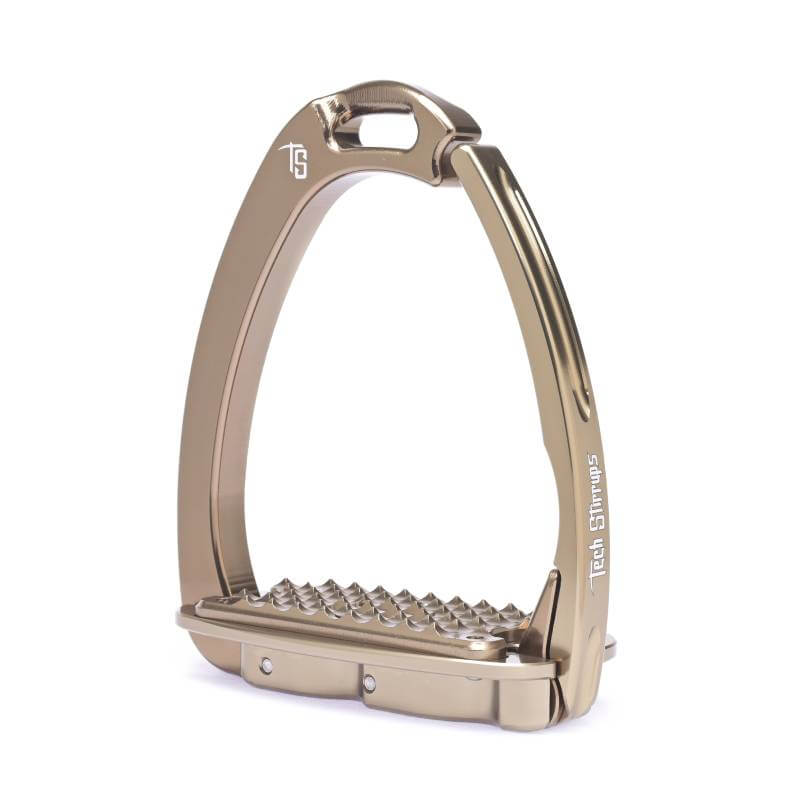 Metallic Tech Venice Sloped Evo Stirrups with a ridged footrest and Tech Stirrups label.