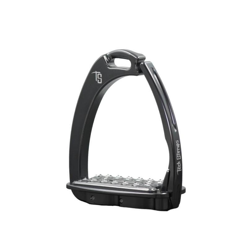 Tech Venice Sloped Medium Stirrups: black aluminium, textured footrest, Tech Stirrups branding.