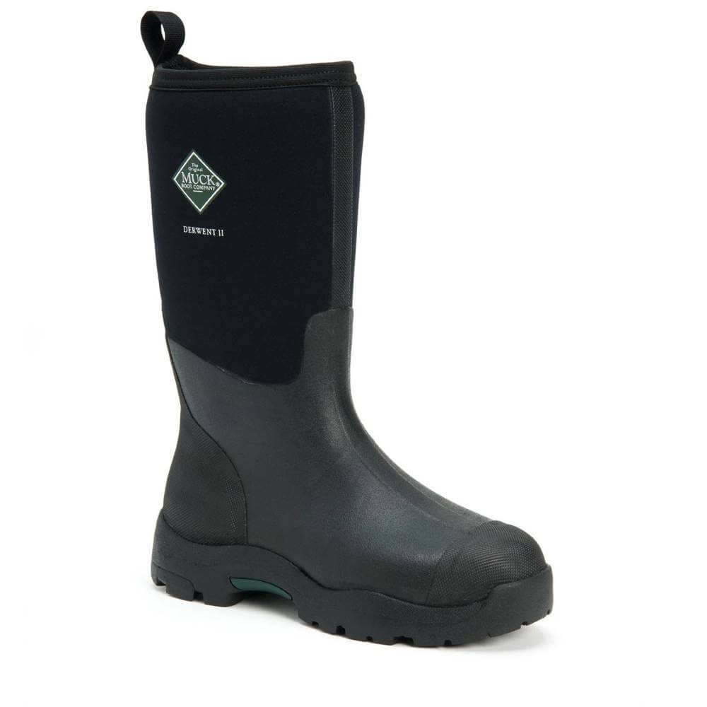 MuckBoot Derwent II black gardening boot with durable rubber outsole on white background.