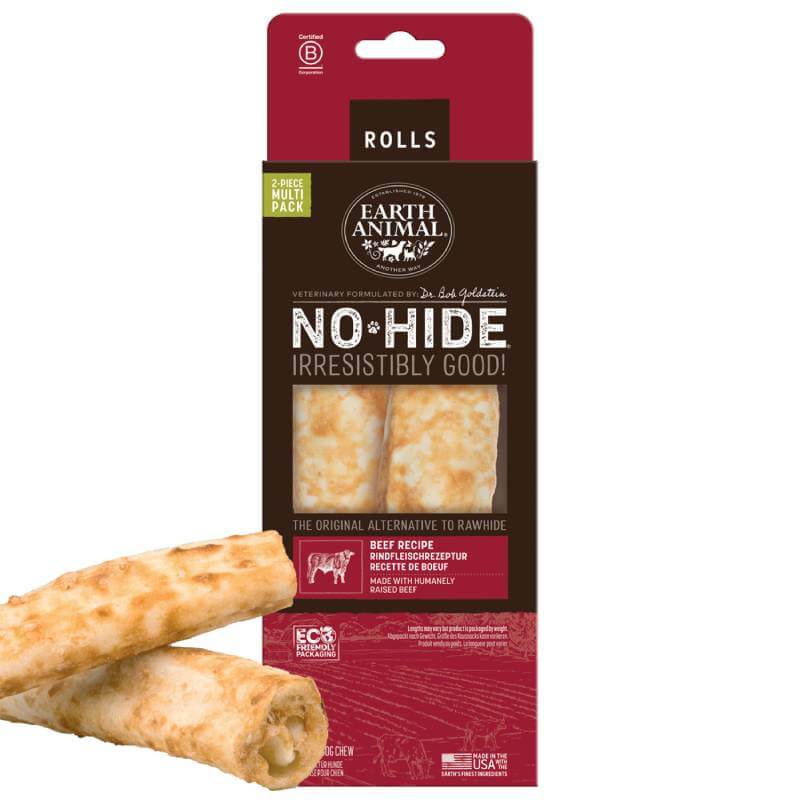 Earth Animal No Hide dog chews are easily digestible in red and white packaging.