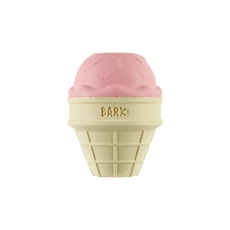 BARK I-Squeak Cone Dog Toy—a pink and cream squeaky ice cream cone for dogs by BARK.