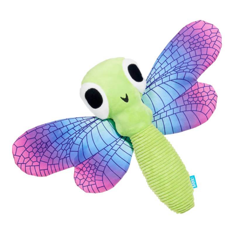 BARK Dragonfly Guy Dog Toy with big eyes, blue-purple wings, and crinkle details.
