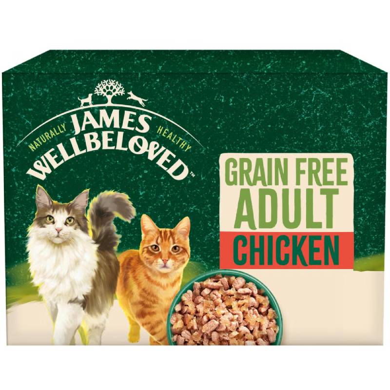 James Wellbeloved Cat Chicken Grain Free Adult Pouch 85g shown with two cats and a food bowl.