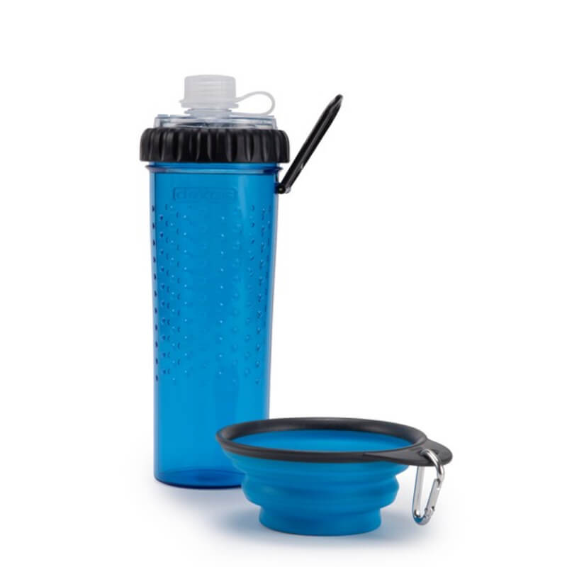 Dexas Snack-DuO with Companion Cup Pro Blue—water bottle and collapsible dish for pets.