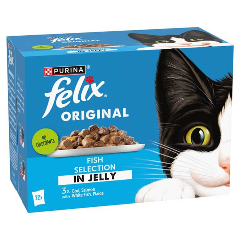 Felix Original Fish Selection in Jelly Wet Cat Food 12x85g box with cat face on front.