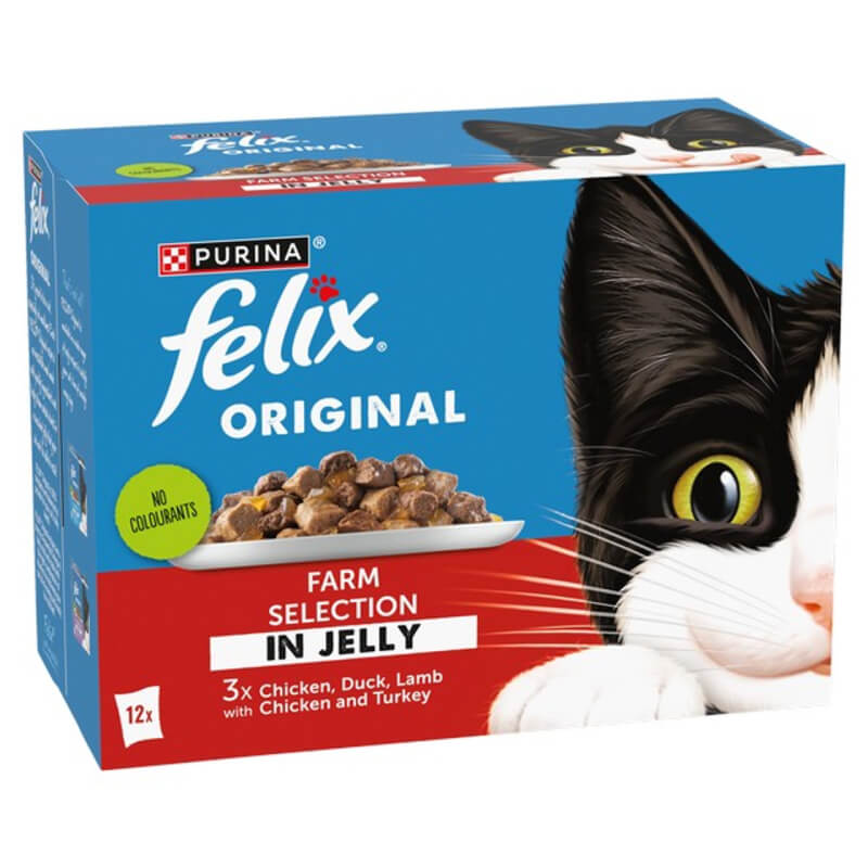 Felix Original Farm Selection in Jelly Wet Cat Food 12x85g box, featuring a cat’s face on front.
