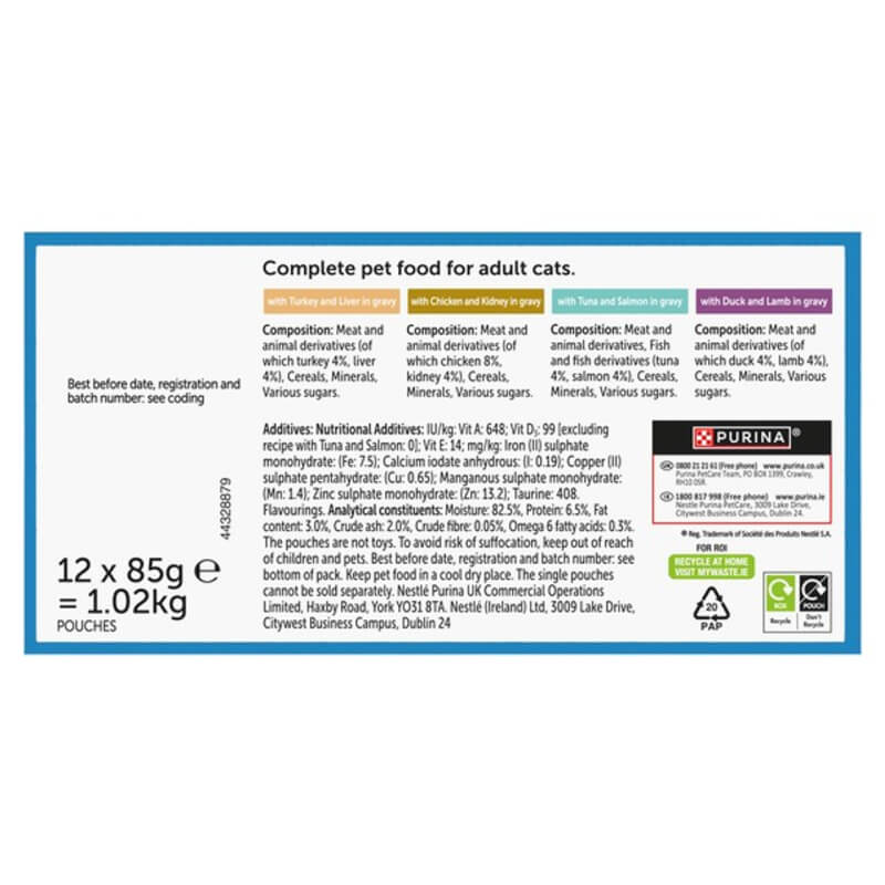 Label for Felix Original Mixed Selection in Gravy 12x85g, with ingredients and nutrition info.