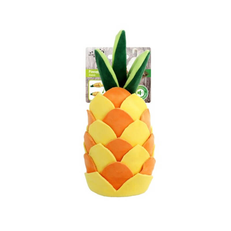 All For Paws Dig It Pineapple Puzzle Toy: a yellow pineapple dog toy with green leaves on top.