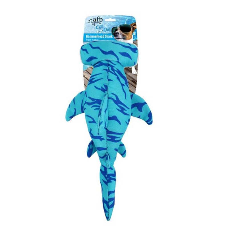All for Paws Chill Out Hammerhead Shark plush dog toy with blue stripes and a white snout.