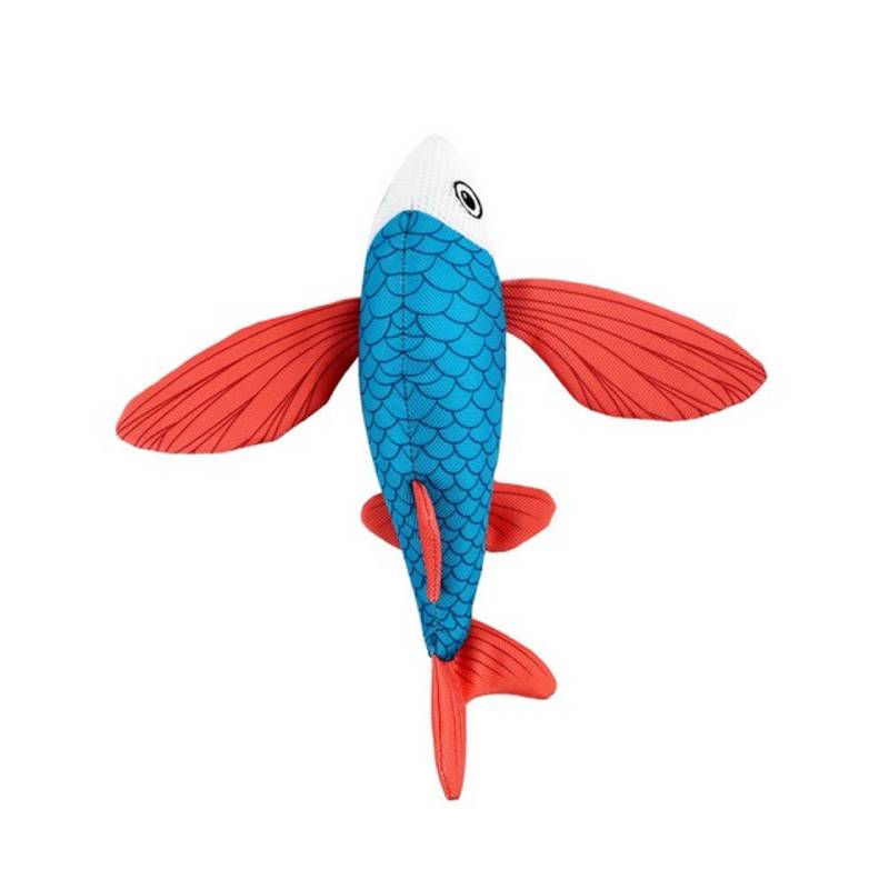 All for Paws Chill Out Flying Fish: plush blue dog toy with red fins and tail, top view.