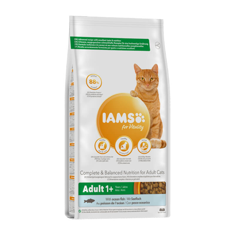 A bag of Iams Cat Iams Vitality Cat Food with an orange cat and product details on the front.