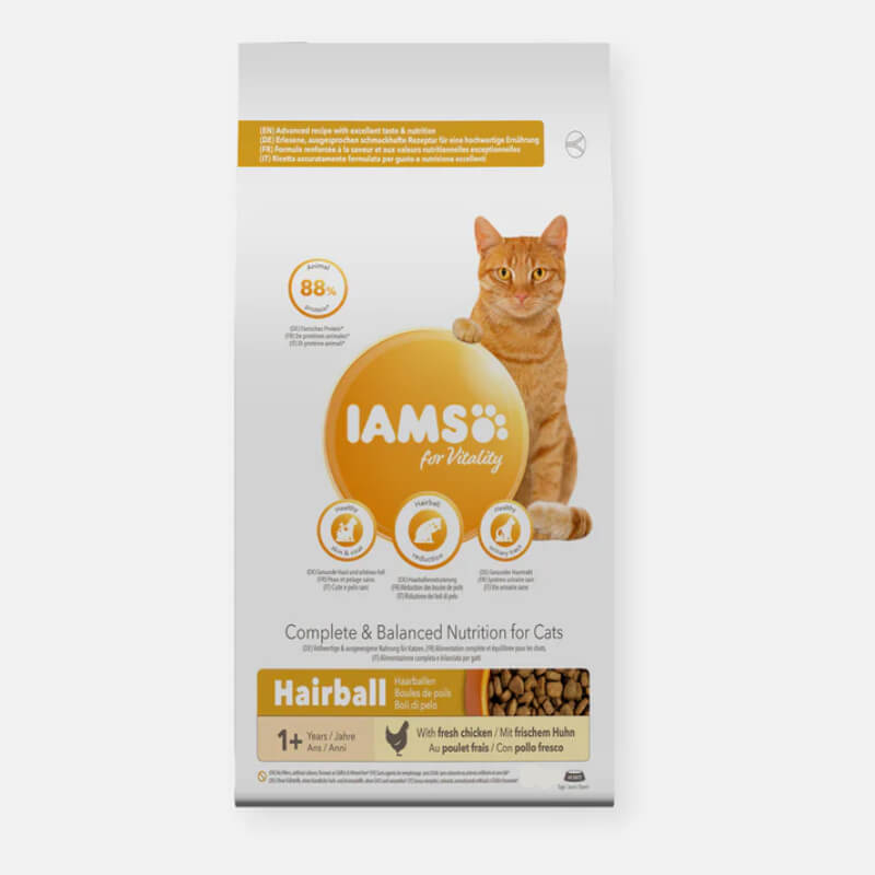 Bag of Iams Cat Vitality Cat Food with product details and an orange cat on the front.