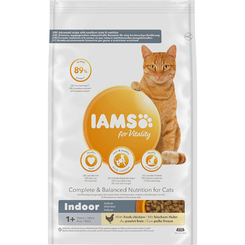 Orange cat behind Iams Cat Iams Vitality Cat Food, high protein dry food for indoor cats 1+ years.