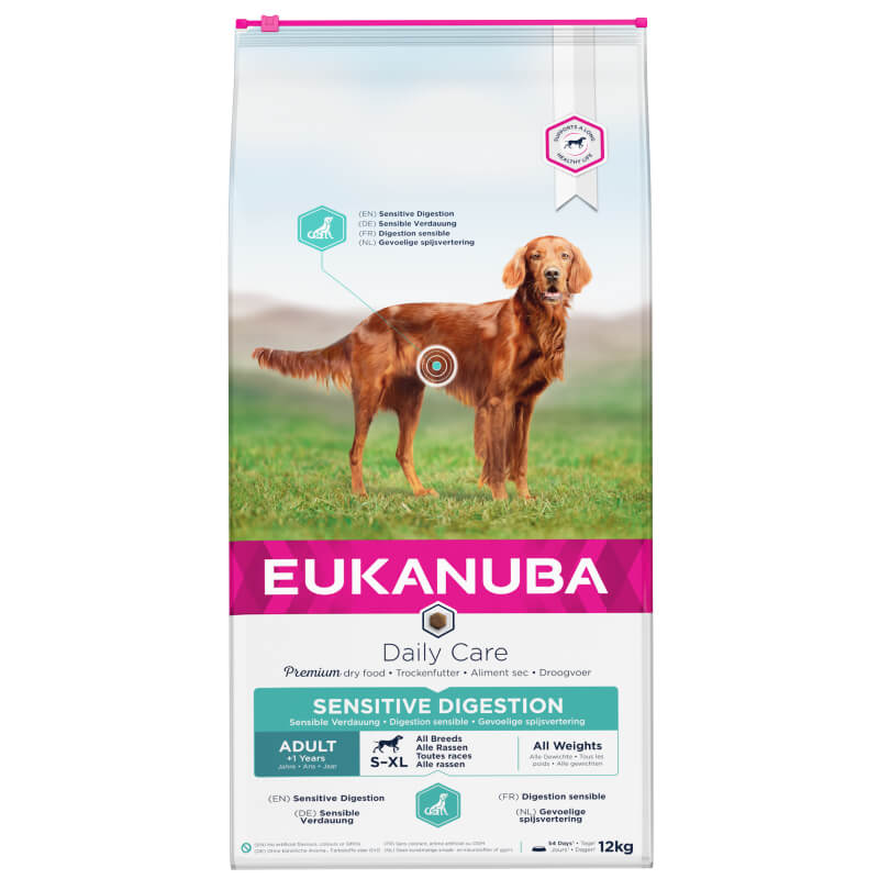 A bag of Eukanuba Daily Care Canine Sensitive Digestion dog food.