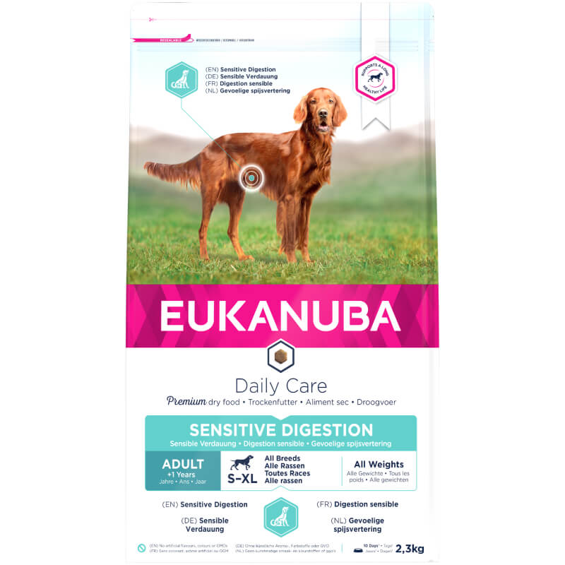 Eukanuba Daily Care Canine Sensitive Digestion dry food with added prebiotics for dogs.