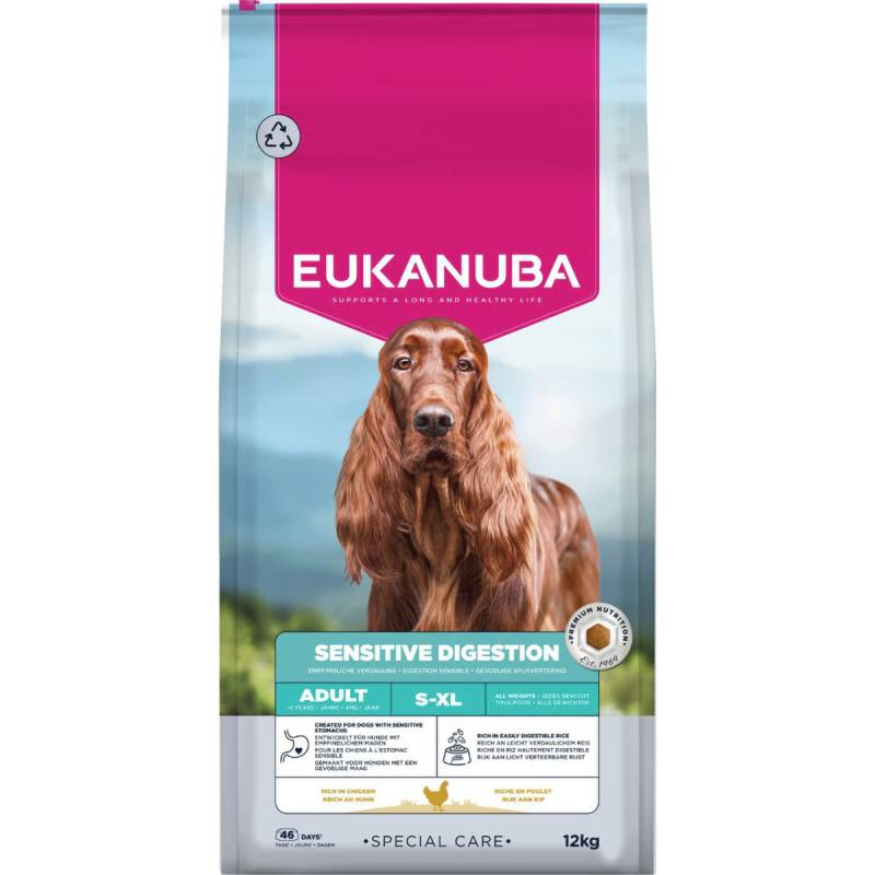 Eukanuba Daily Care Sensitive Digestion 12kg, dry dog food for adults, features a dog image.