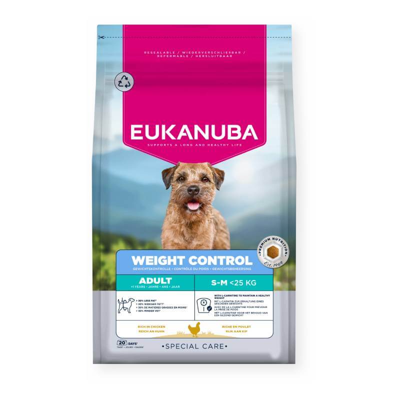 Eukanuba Dog Adult Weight Control Medium Breed 12kg, with a brown dog and mountain background.