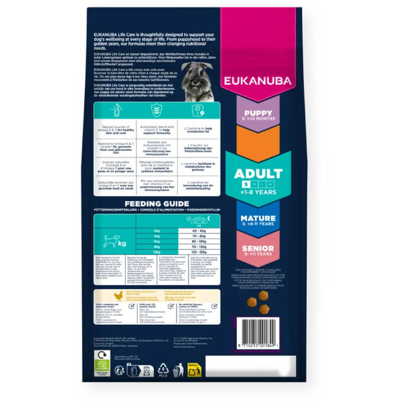 Eukanuba Adult Small Breed Chicken dog food bag with feeding guide and nutrition info on back.