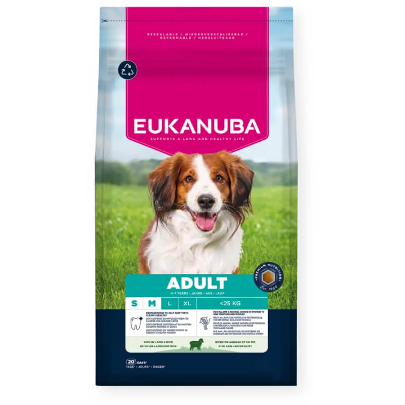 Eukanuba Adult Small/Medium Breed Lamb 12kg dog food with a happy brown and white dog.