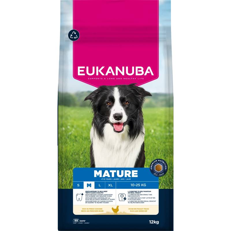 Eukanuba Mature Medium Breed Chicken dog food with a black and white dog on the front.