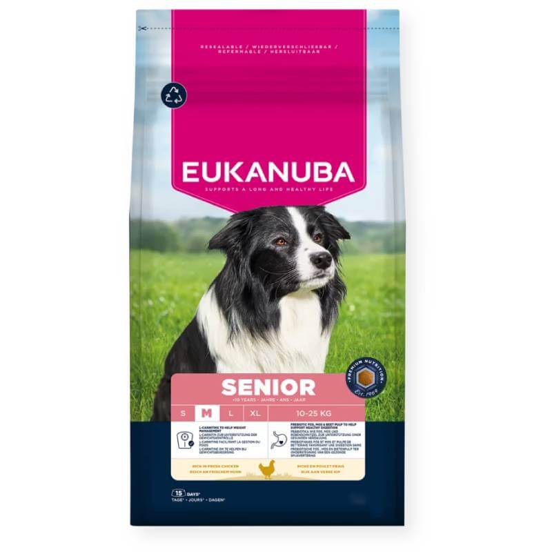 Eukanuba Senior Medium Breed Chicken 12kg dog food with added joint support.